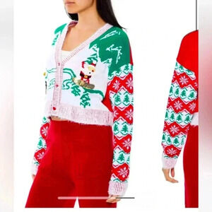 Holiday, Festive ugly sweater party, cropped snowboarding Santa cardigan size XL